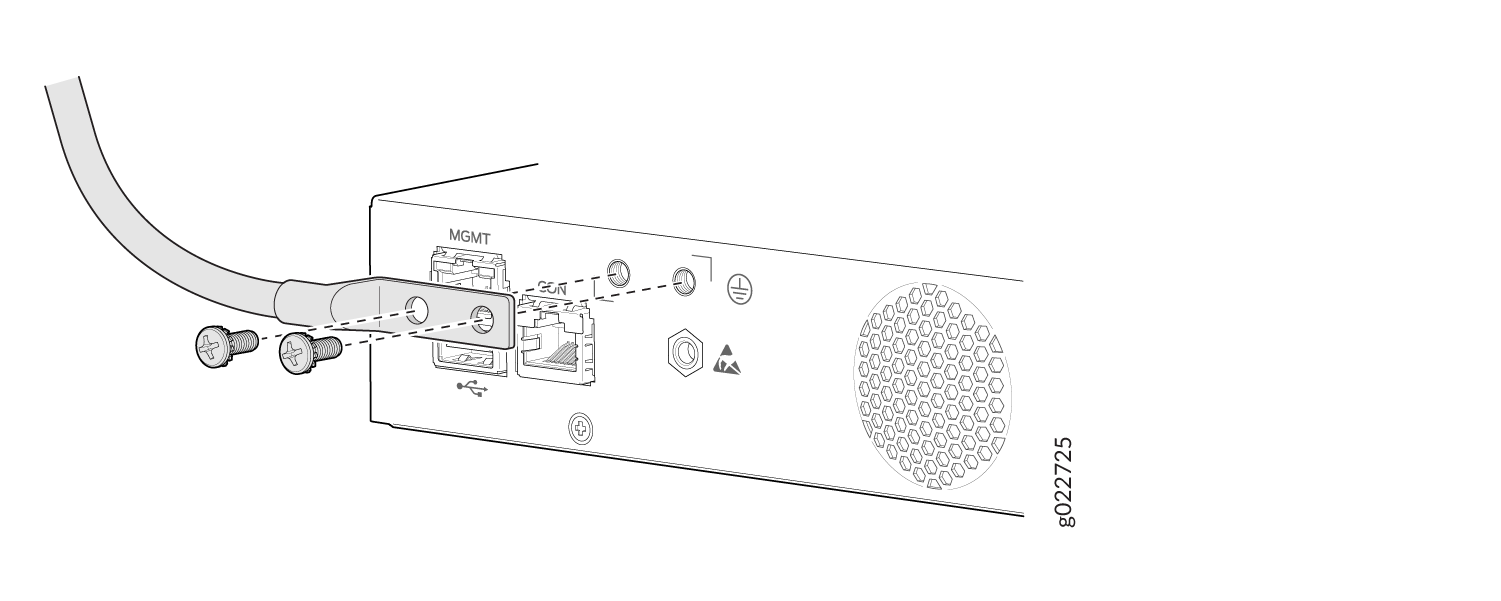 Rear panel of a network device with grounding cable installation, showing MGMT and USB ports, grounding symbol, and ventilation holes.
