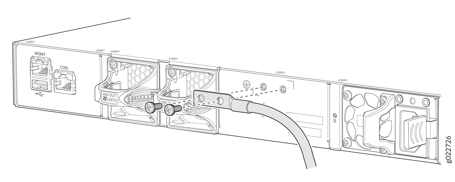 Rear view of network device showing MGMT and CON ports, cooling fans labeled AIR OUT AFO, grounding connection, and power supply unit with handle.