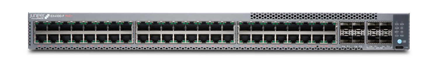 Juniper Networks EX4100-F Ethernet Switch with 48 ports and PoE+ for powering devices, plus uplink ports and status LEDs.