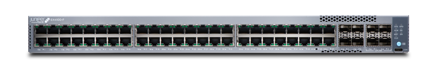 Juniper Networks EX4100-F Ethernet Switch with 48 Ethernet ports, uplink ports, status LEDs, cooling vents, and a console port for enterprise-grade networking.