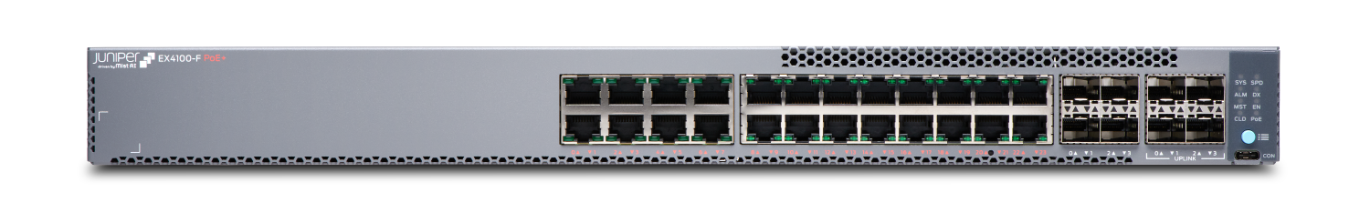 Juniper Networks EX4100-F PoE+ Ethernet Switch with 24 Ethernet ports and 4 uplink ports for LAN connectivity.
