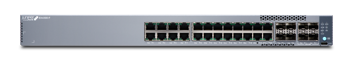 Juniper Networks EX4100-F Ethernet Switch with 24 Ethernet ports and 4 uplink ports for enterprise network management.