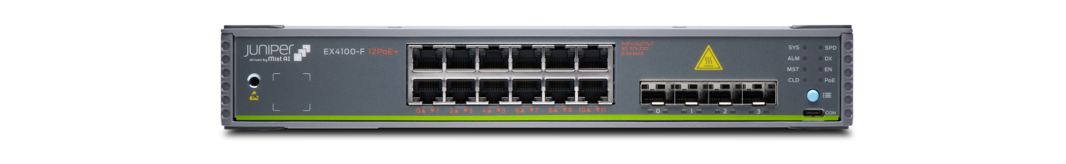 Juniper Networks EX4100-F switch with 12 PoE Plus ports, 4 SFP uplink ports, status LEDs, and USB-C console port.