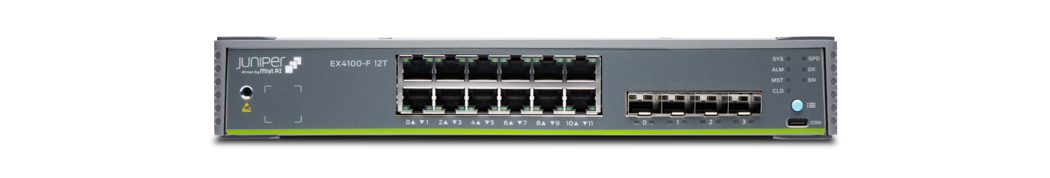Juniper Networks EX4100-F-12T Ethernet Switch with 12 Ethernet ports, 4 SFP/SFP+ ports, status LEDs, and USB-C console port.