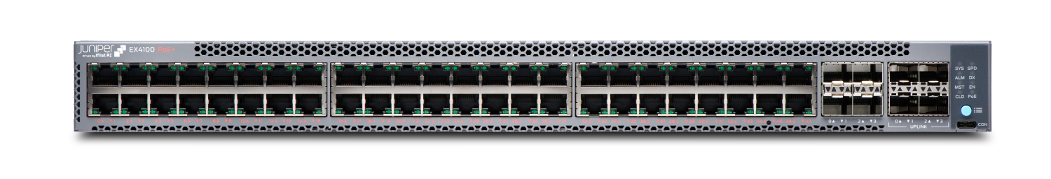 Juniper Networks EX4100 PoE Plus switch with Ethernet ports for LAN connections and PoE support for powering devices.