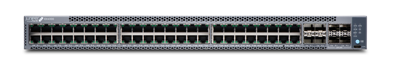 Juniper Networks EX4100 Ethernet Switch with 48 RJ-45 ports, SFP uplink ports, status LEDs, cooling vents, and a console port.