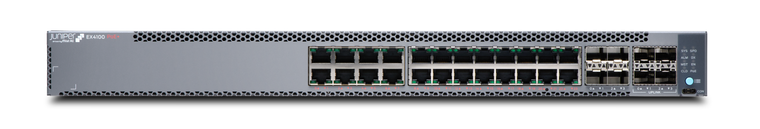 Juniper Networks EX4100 PoE+ Ethernet Switch with RJ-45 and SFP ports, providing PoE+ for IP phones and Wi-Fi access points.