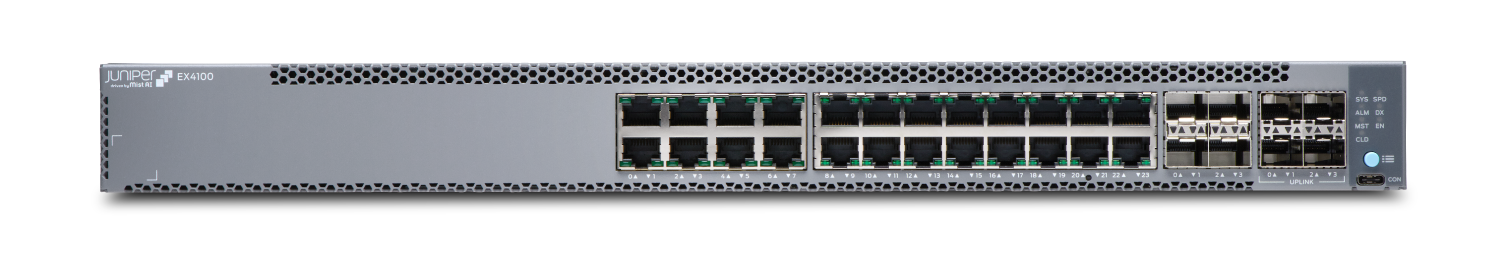 Juniper Networks EX4100 Ethernet Switch with RJ-45 ports, SFP uplink ports, and status LEDs for enterprise network management.