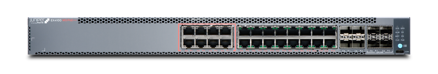 Juniper Networks EX4100 Multigigabit PoE++ Ethernet Switch with multigigabit Ethernet ports, PoE++ support, and high-speed uplink ports.