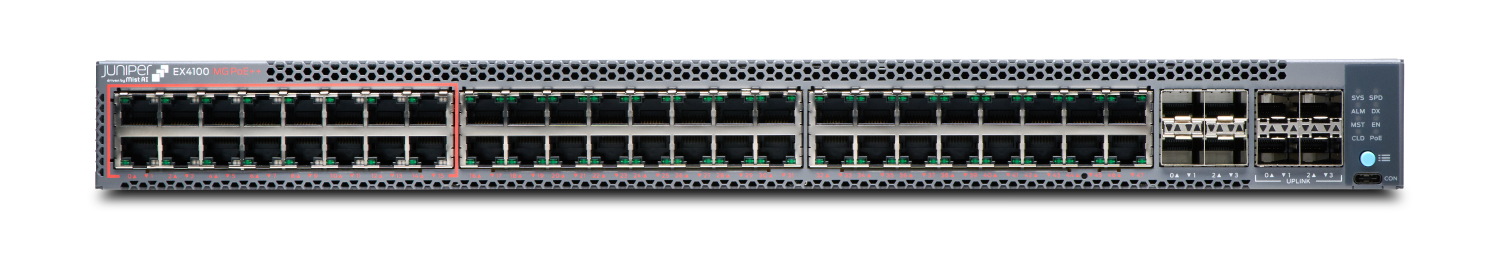 Juniper Networks EX4100 Ethernet Switch with 48 multigigabit ports and status indicators for enterprise networking.