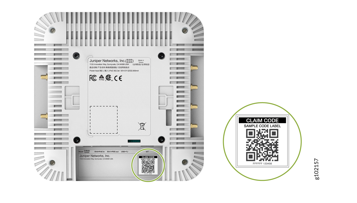 Back side of a Juniper Networks device with compliance certifications, power input specs, QR code labeled Claim Code, and visible ports for installation.