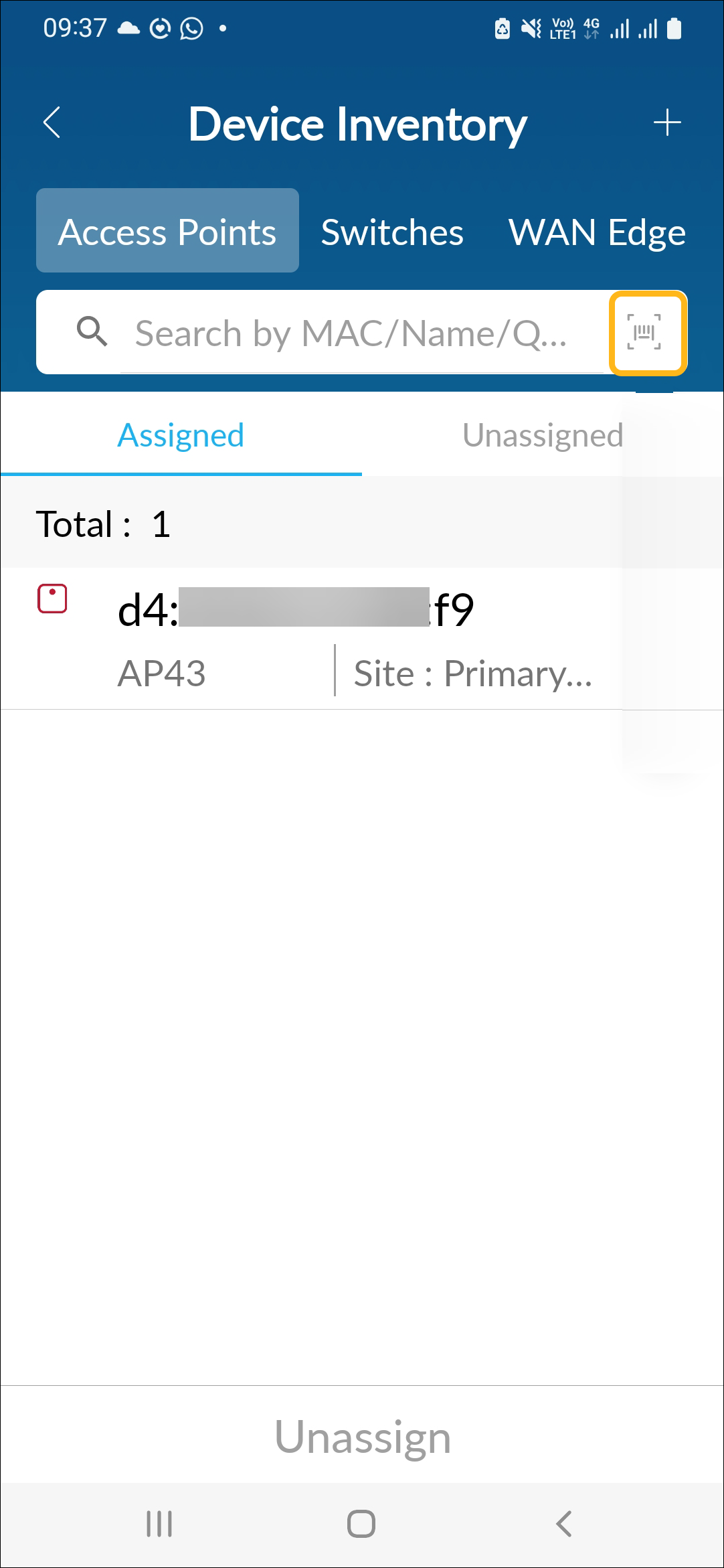 Device Inventory interface with Access Points tab selected. Shows one assigned device, AP43, at Site Primary. Options to search by MAC, Name, QR and buttons to assign or unassign devices. Time and network status visible at top.