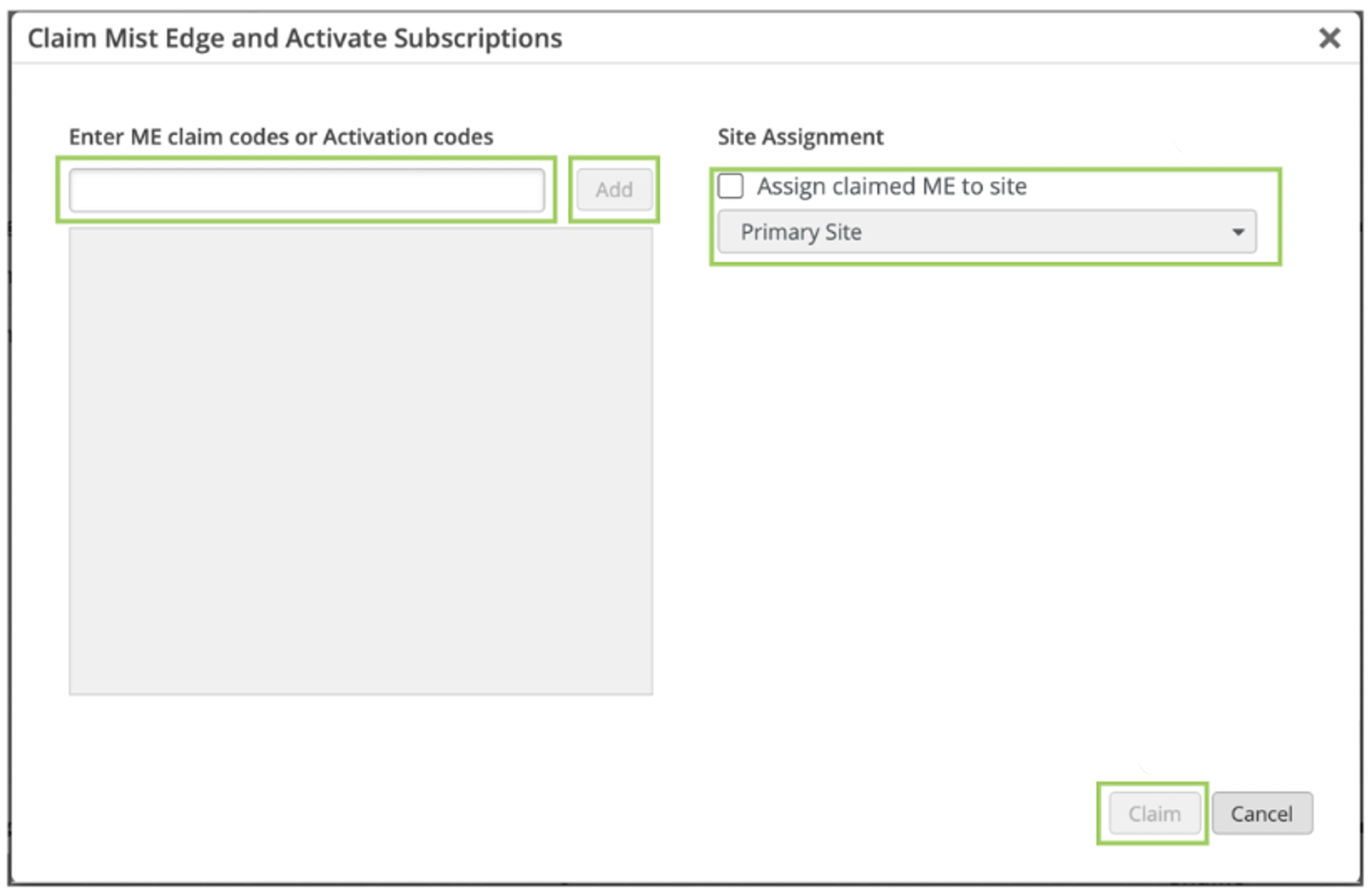 User interface for claiming Mist Edge with input field for codes, Add button, site assignment checkbox with dropdown, Claim and Cancel buttons.