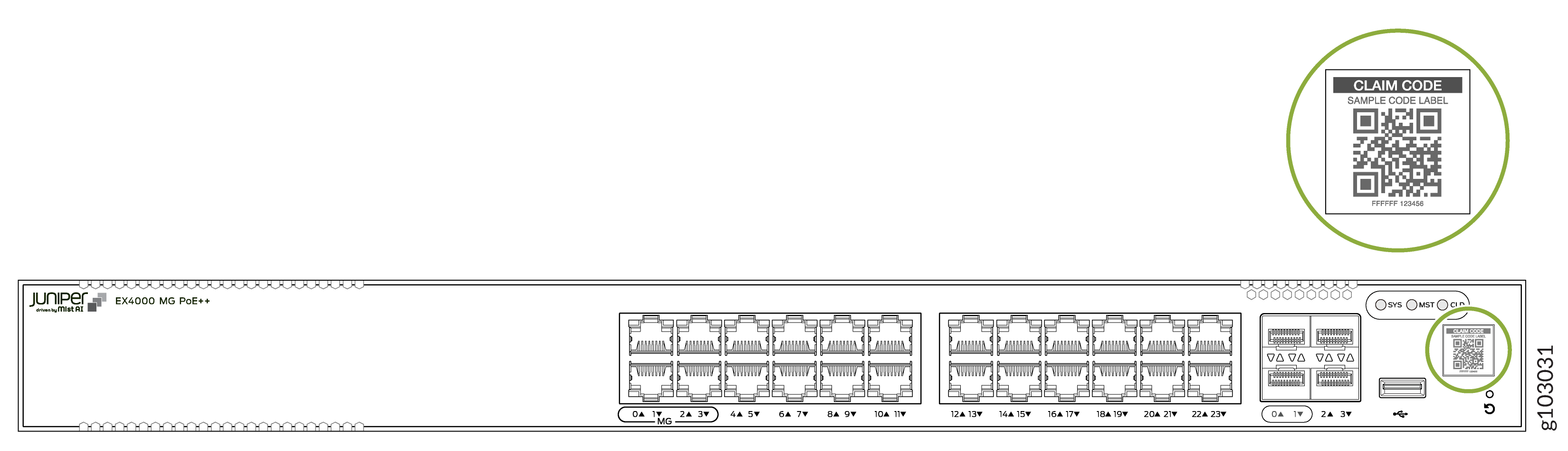 Juniper EX4000 MG PoE++ switch front panel with Ethernet ports 0-23, USB port, and CLAIM CODE QR code for registration.