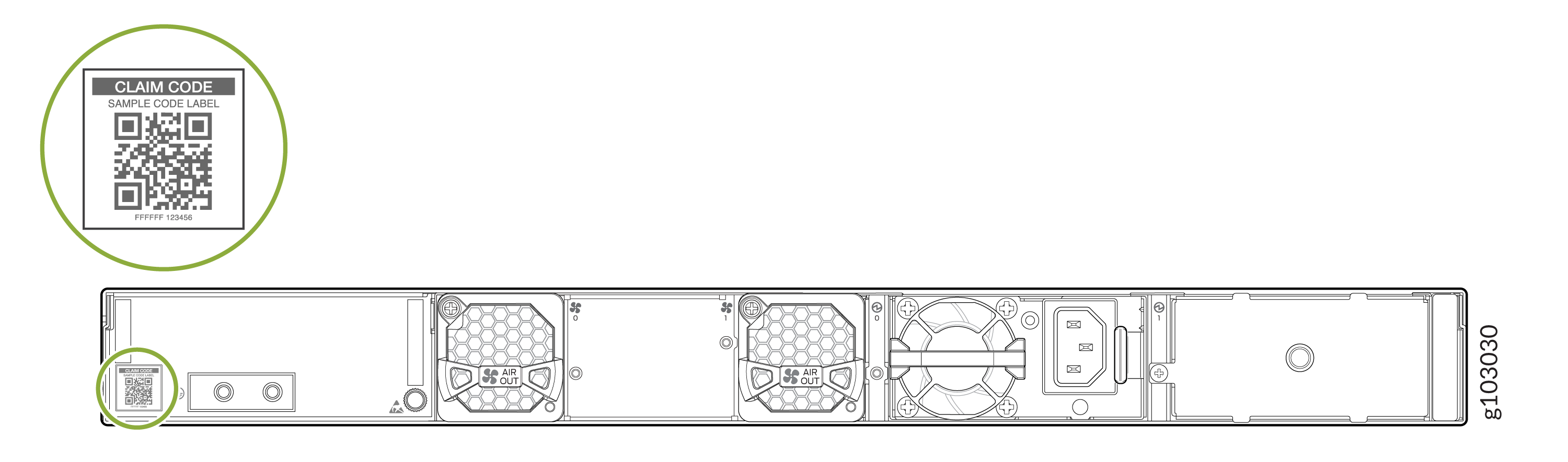 Technical diagram of a device's back panel with cooling fans, power connectors, AIR OUT vents, and magnified QR code labeled SAMPLE CODE LABEL with code FFFFFF 123456.