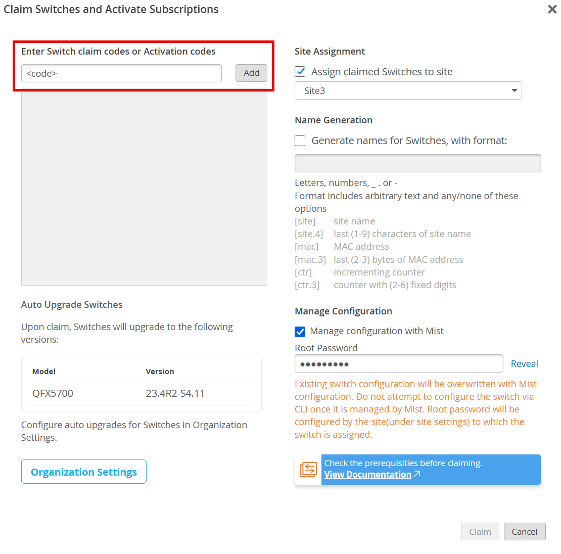 Screenshot of Mist network management interface for claiming switches and activating subscriptions. Features include input for claim codes, site assignment to Site3, optional name generation, auto-upgrade for QFX5700 to version 23.4R2-S4.11, configuration management with root password setting, and documentation link. Includes Claim and Cancel buttons.