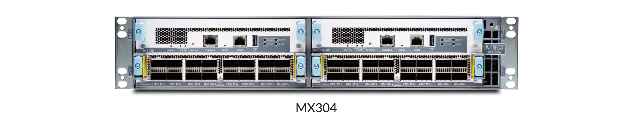Juniper Networks MX304 router with modular design and multiple ports for high-performance network connectivity.