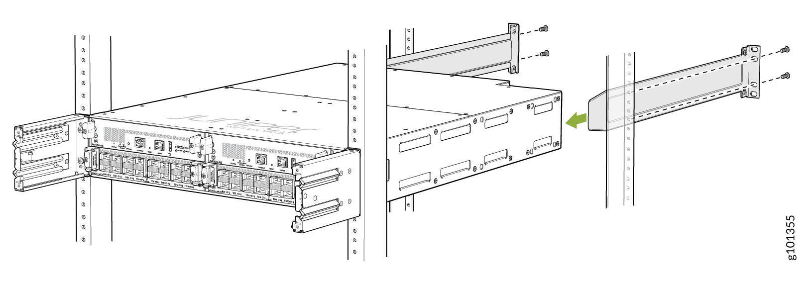 Rack-mounted server installation with device on mounting rails, screws, brackets, and green arrow indicating slide direction.