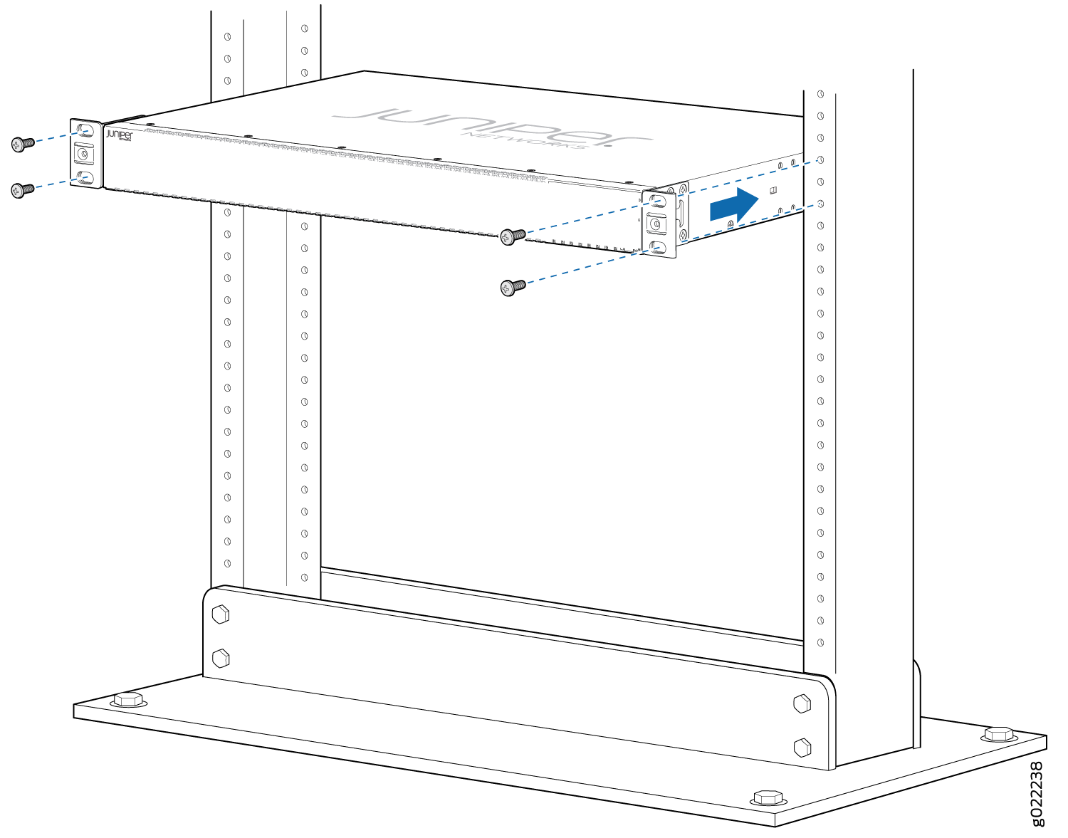 Installing a Juniper Networks device into a rack using screws, indicated by blue arrows and dashed lines.