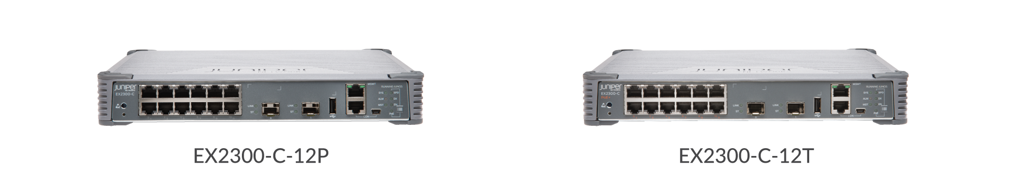 Juniper Networks EX2300-C series Ethernet switches: EX2300-C-12P with 12 PoE ports, EX2300-C-12T with 12 non-PoE ports.