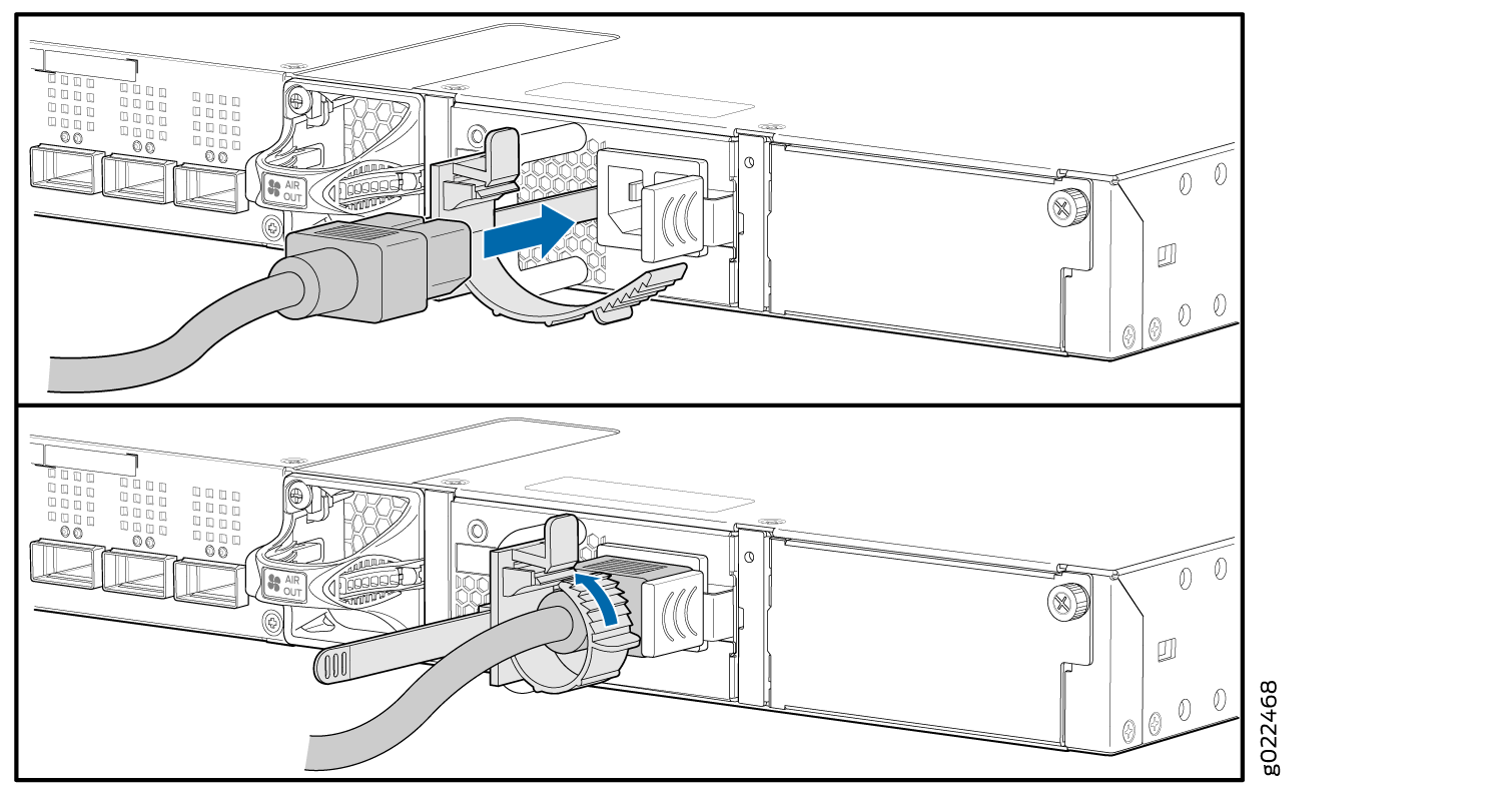 Connecting power cable to server. Top: insert cable into power supply unit, follow arrow direction. Bottom: cable secured with clip, label AIR OUT indicates airflow direction.