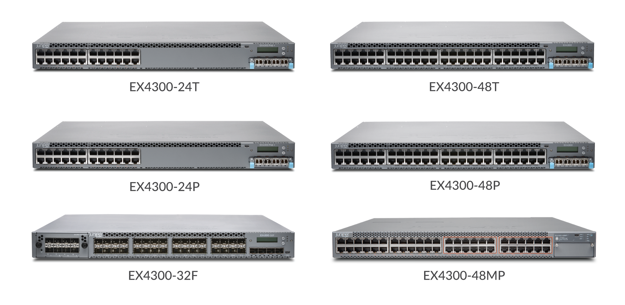 Juniper Networks EX4300 series switches: 24T, 48T, 24P, 48P, 32F, 48MP; used for network connectivity and data management.