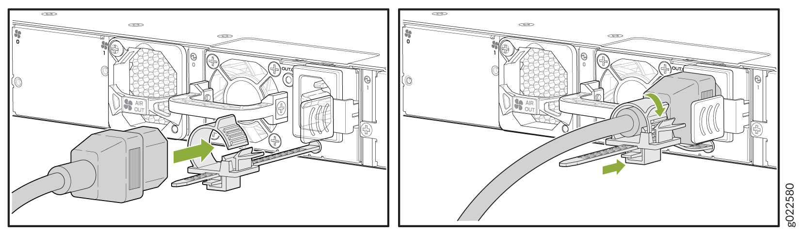 Connecting and securing power cable to PSU on server; insert cable into socket, then secure with locking clip. Green arrows show movement direction.