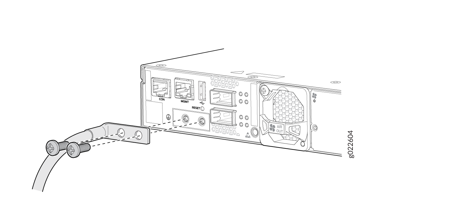 Rear view of network device with console and management ports, reset button, cooling fan marked AIR OUT, and cable retention bracket.
