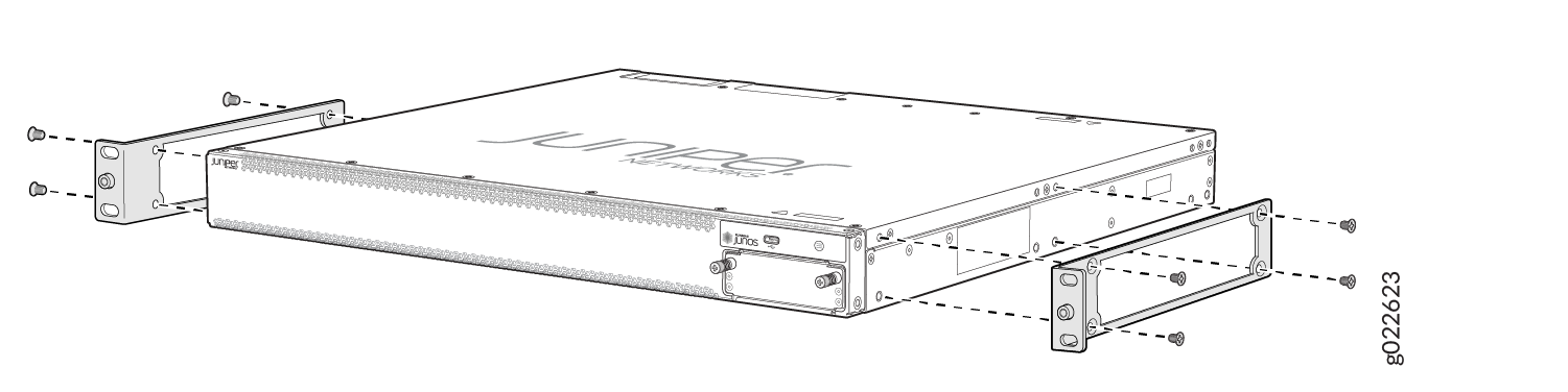 Juniper Networks device with rack-mount brackets being attached for rack installation using screws.