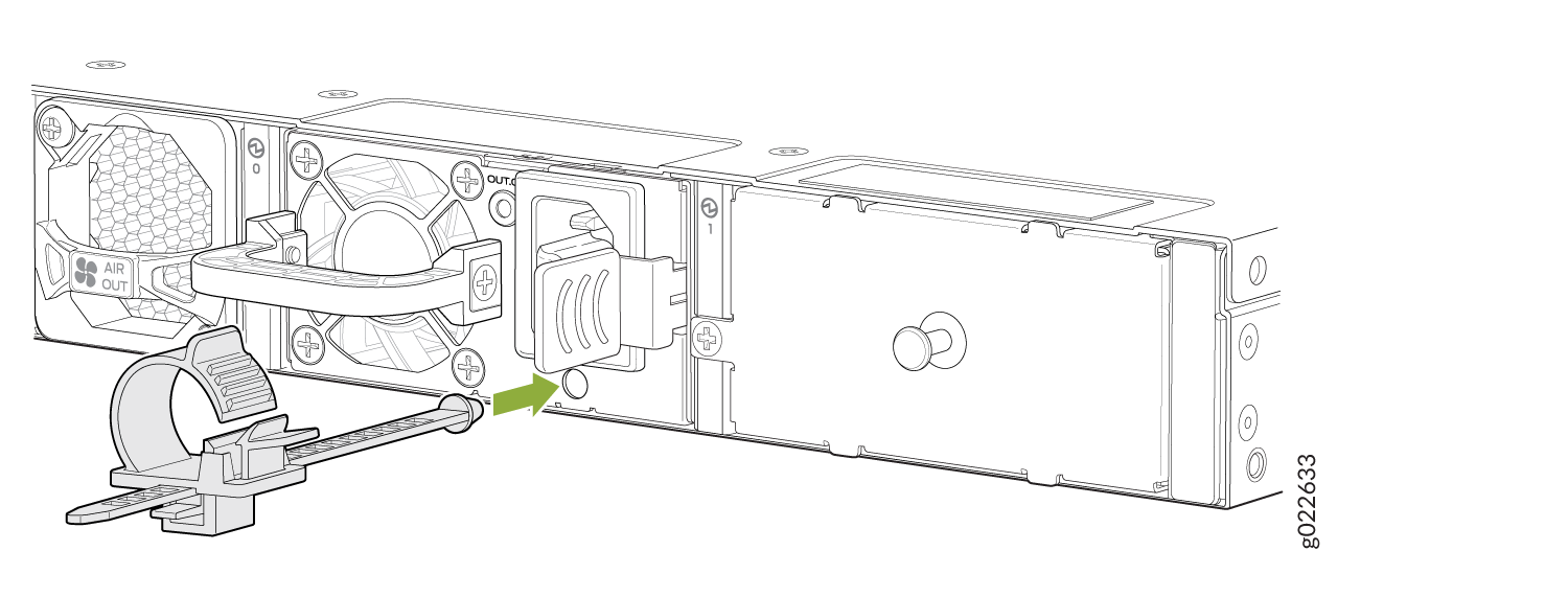 Rear view of server component with cooling fans, module handle, and cable management clip highlighted by green arrow.