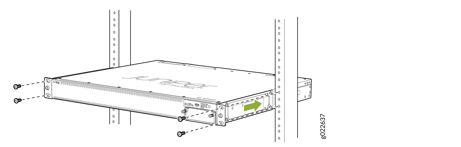 Diagram of installing a Juniper Networks device into a rack with arrow showing installation direction.