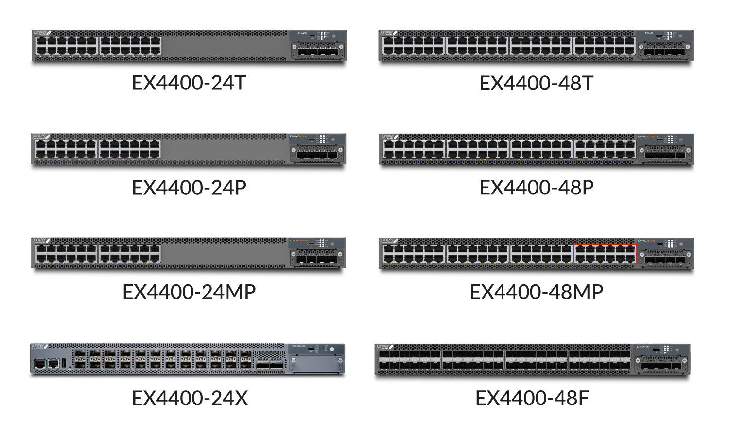 Juniper Networks EX4400 series network switches with different port configurations and features, models EX4400-24T to EX4400-48F.