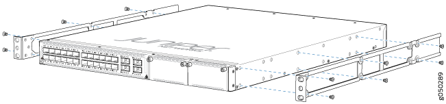 Juniper Networks device being installed into a server rack with mounting brackets and multiple network ports.