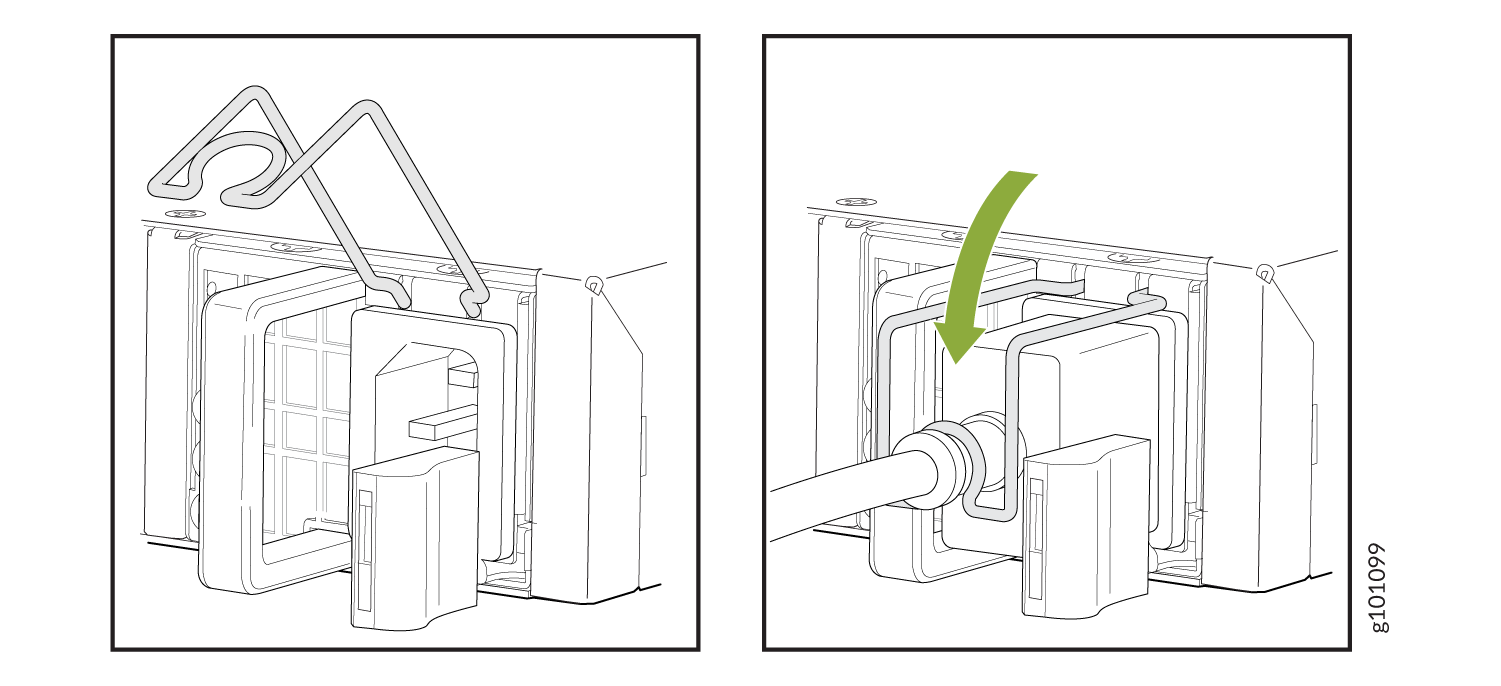 Diagram showing cable or hose installation. Left panel: frame removed for access. Right panel: cable inserted with green arrow indicating direction.