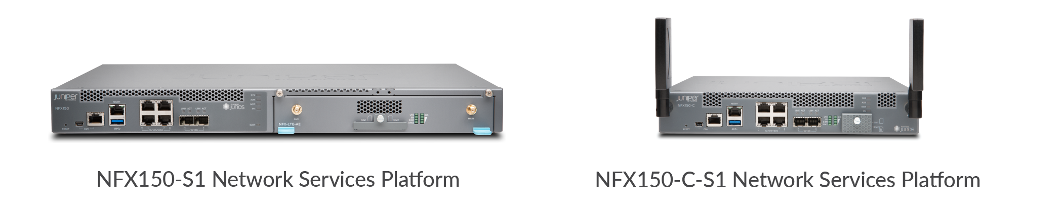NFX150-S1 and NFX150-C-S1 network devices from Juniper Networks with LTE antennas for virtualized network services.