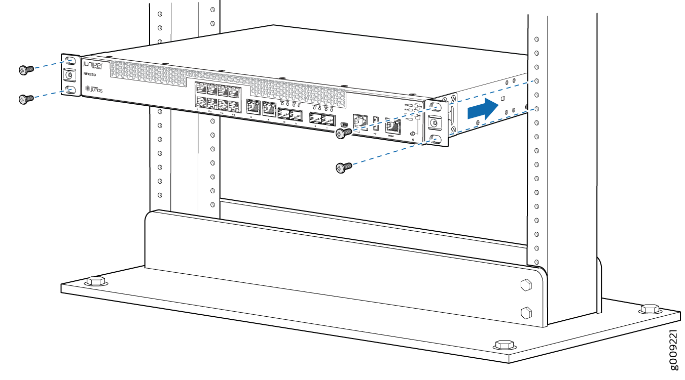 Juniper NFX250 being installed in a rack with arrows showing installation direction and visible front panel ports.