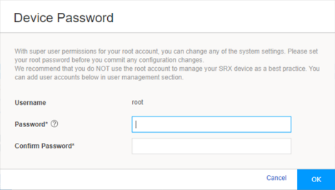 Device Password setup screen with root username, password and confirm password fields. Cancel and OK buttons at bottom.