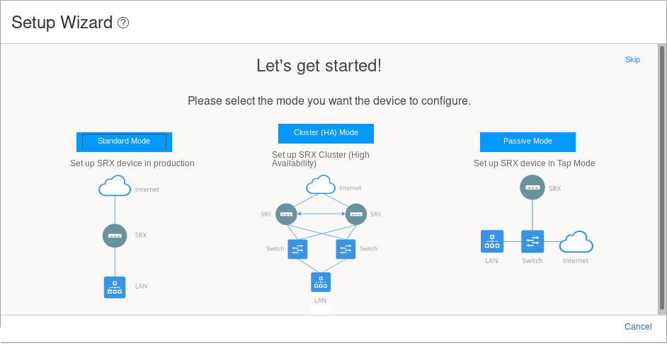 Setup Wizard for SRX device configuration with options: Standard Mode, Cluster HA Mode, and Passive Mode.