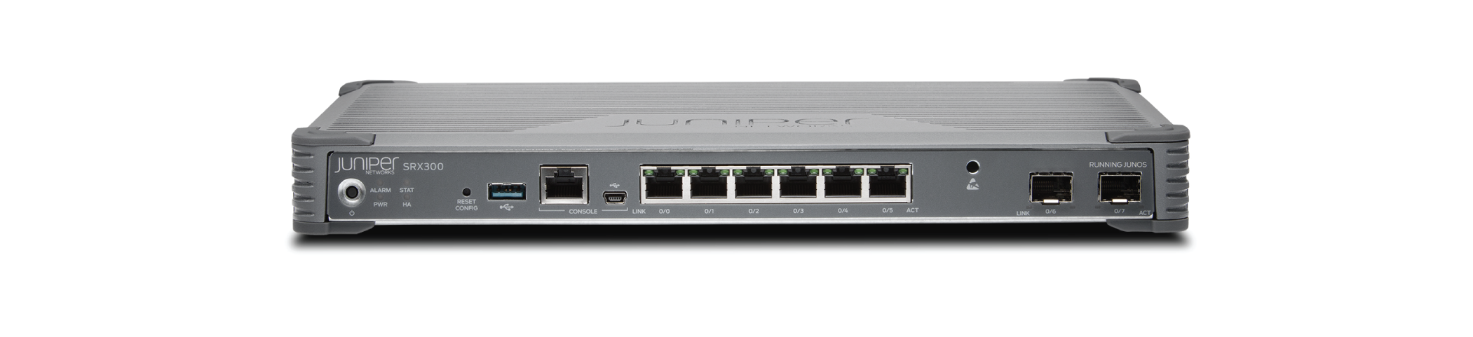 Juniper Networks SRX300 Services Gateway with Ethernet and USB ports, providing firewall and VPN for SMBs.