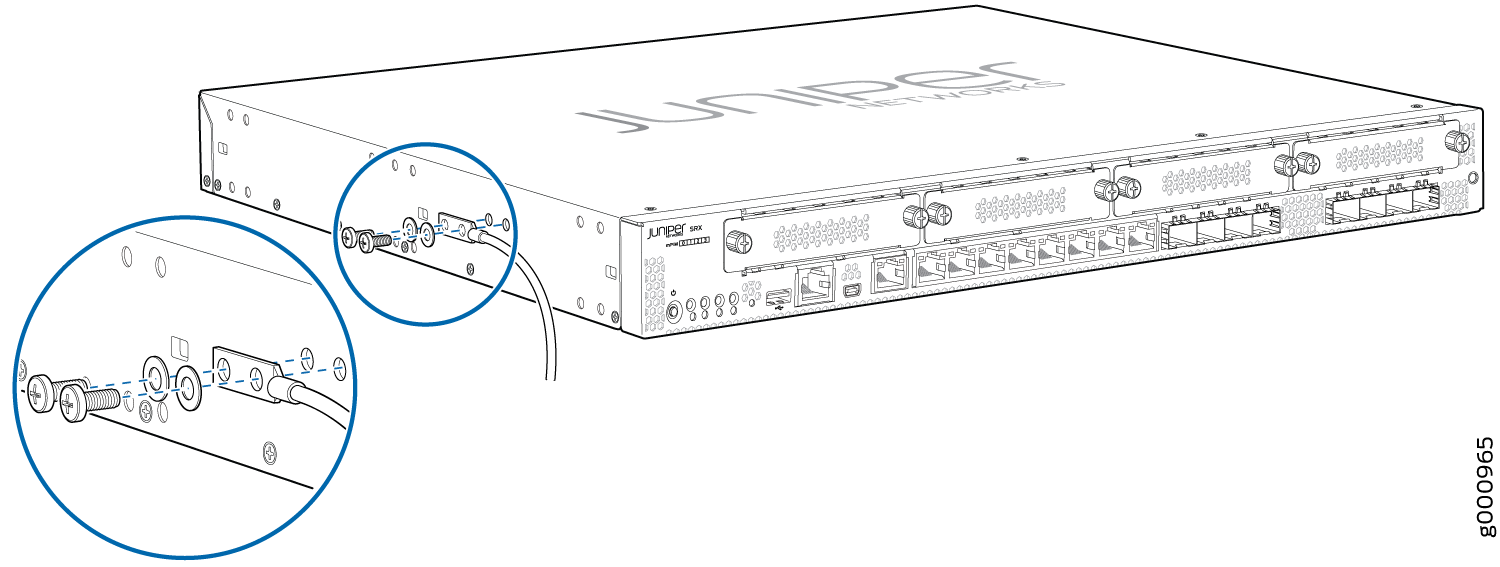Juniper Networks SRX device front panel with ports and connectors; inset shows grounding cable installation with screws and washers.