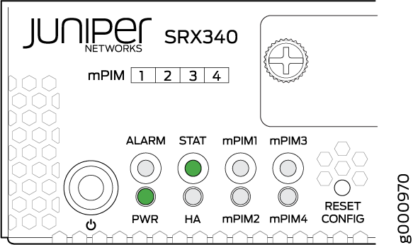 Juniper Networks SRX340 front panel with mPIM slots 1-4, active PWR and STAT LEDs, ALARM, HA indicators, and RESET CONFIG button.