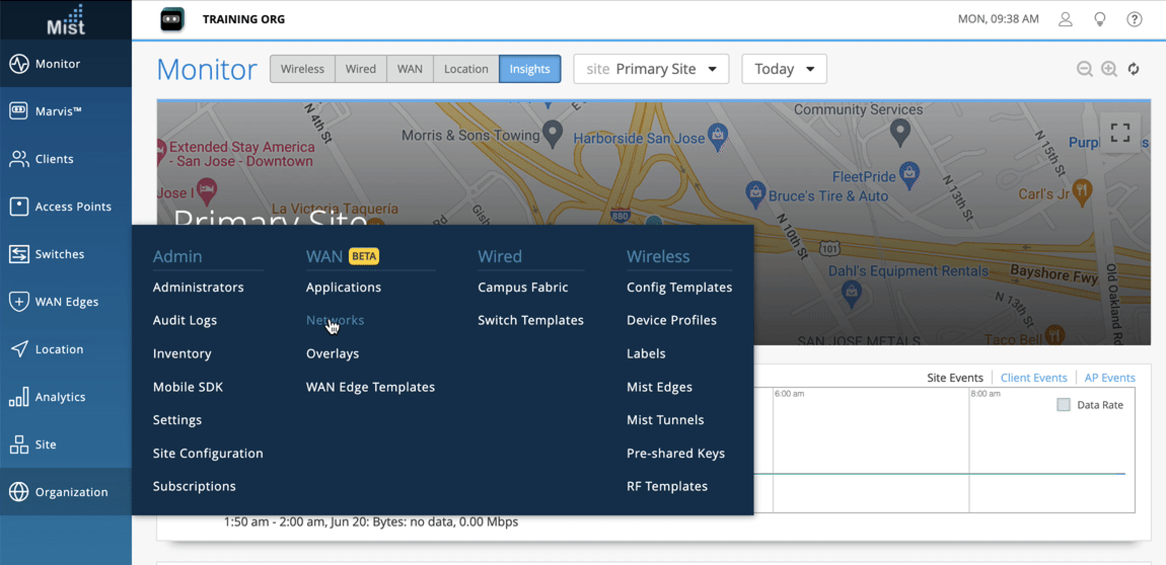 Mist dashboard screenshot: Navigation menu with options like Monitor and Clients; dropdown submenu with categories like Admin; map view of Primary Site; Insights tab with site and time filters; graph section labeled Site Events showing data rate info.
