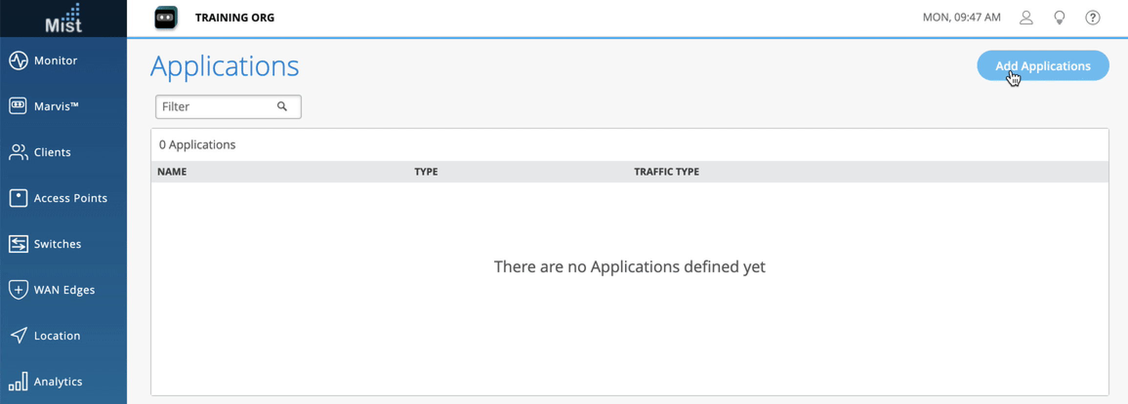 Mist dashboard interface showing Applications page with no defined applications. Left sidebar has navigation options. Top right button is Add Applications.