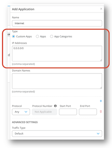 Configuration interface for adding an application with fields for Name set to Internet, Type set to Custom Apps, IP Addresses entered as 0.0.0.0/0, and Protocol set to Any.