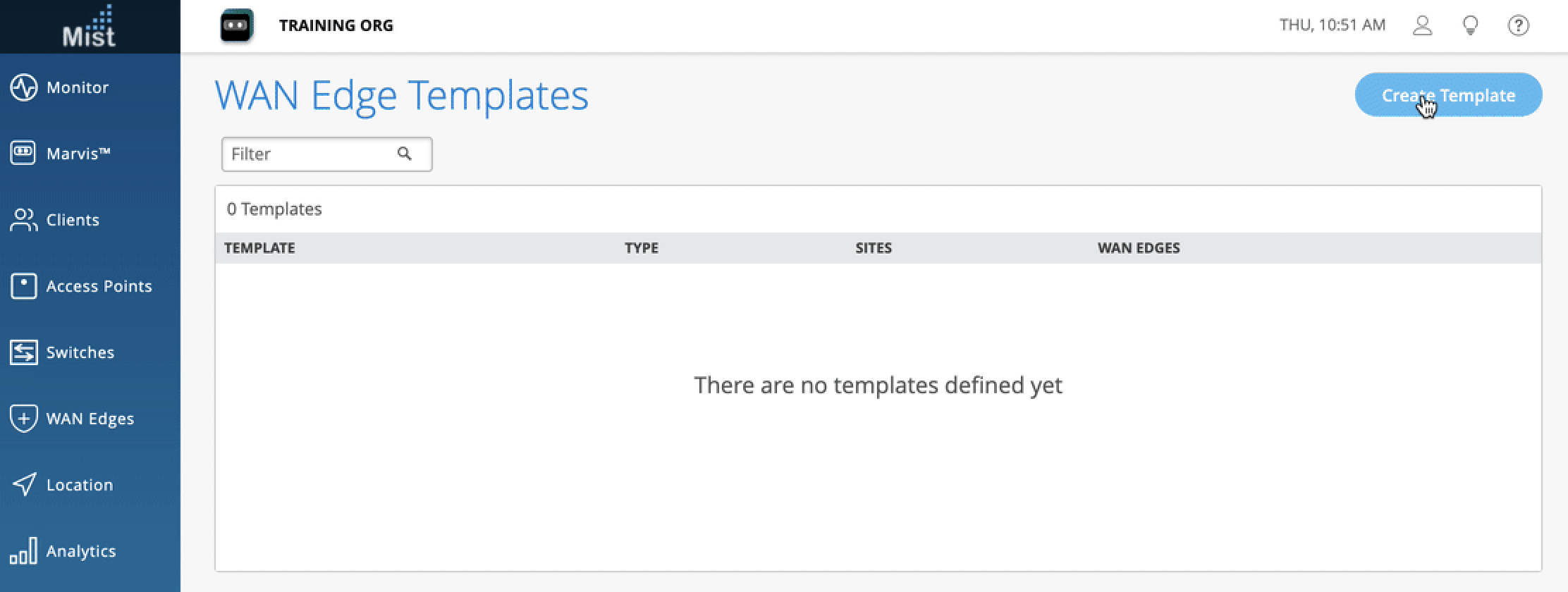 WAN Edge Templates section in Mist UI for managing WAN configurations. No templates defined. Create Template button available.