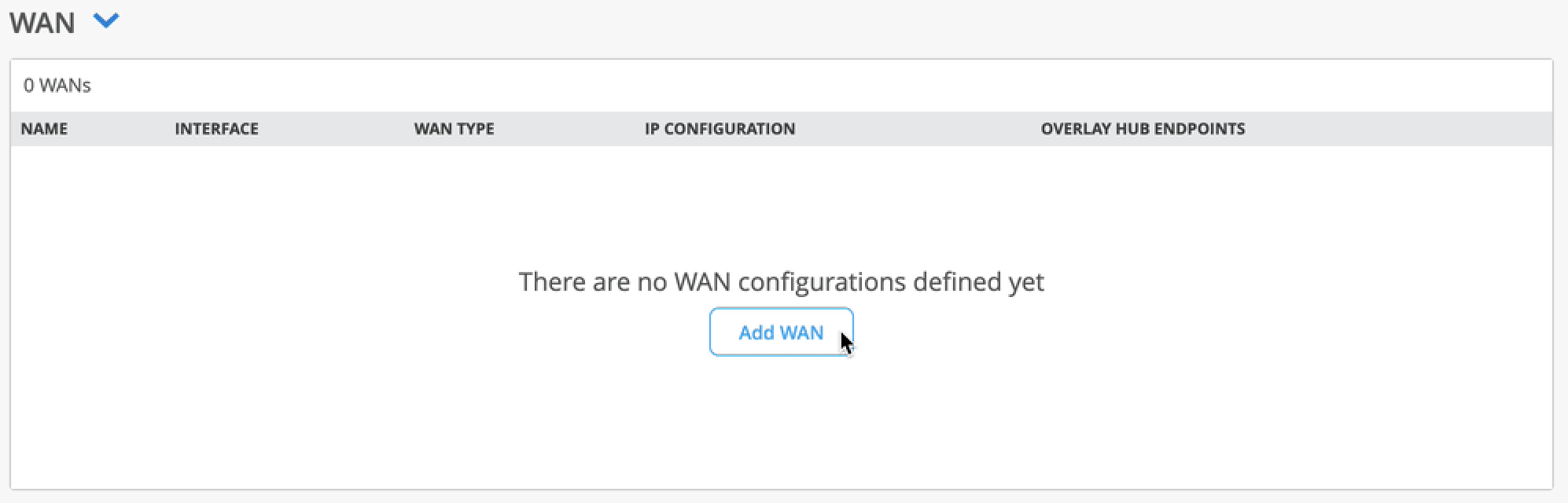 WAN settings interface with no configurations. Empty table with columns: Name, Interface, WAN Type, IP Configuration, Overlay Hub Endpoints. Message: No WAN configurations defined yet. Button: Add WAN.