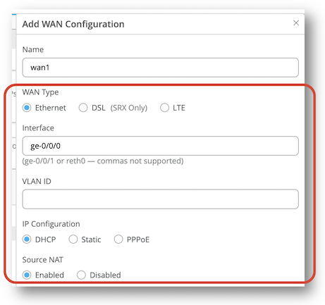 Configuration window for adding a WAN connection with fields for Name, WAN Type, Interface, VLAN ID, IP Configuration, and Source NAT options.