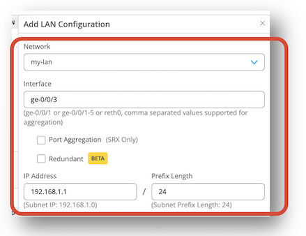 LAN configuration window with fields for network name, network interface, port aggregation, redundancy, IP address, and subnet prefix length.