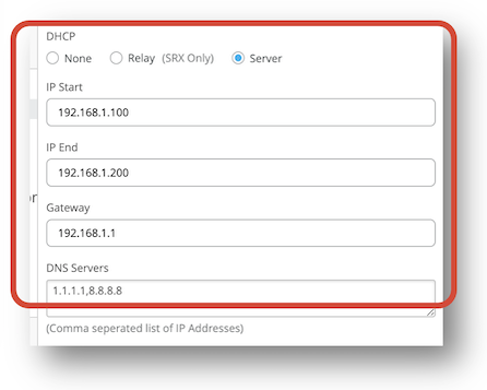 Configuration interface for DHCP settings on a network device. Server selected with IP range from 192.168.1.100 to 192.168.1.200, gateway 192.168.1.1, DNS servers 1.1.1.1, 8.8.8.8.