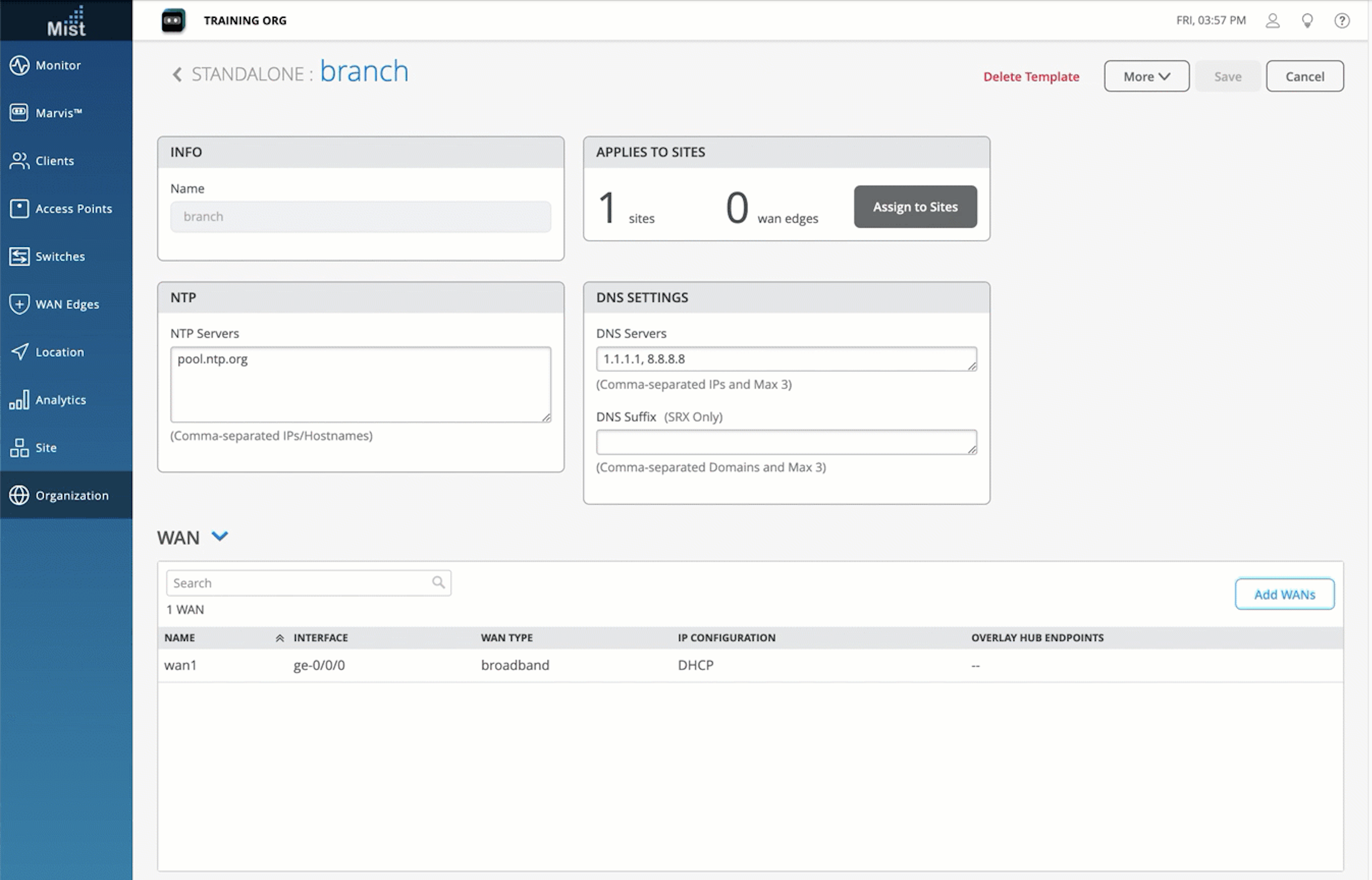 Mist network management interface for configuring a standalone branch, showing fields for branch name, NTP servers, DNS settings, WAN configuration, and navigation options.